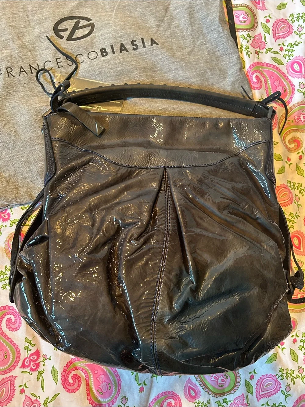 Francesco Biasia Dark Storm Grey Patent Leather Hobo Shoulder Bag